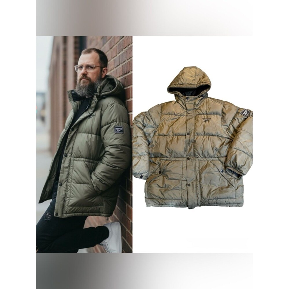 Reebok Classic Heavyweight Quilted Y2K Puffer Jacket In Olive Green Size XL